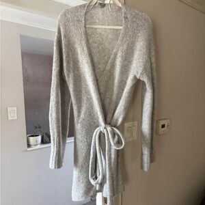 aerie Light Gray Tie-Front Knit Wrap Cardigan